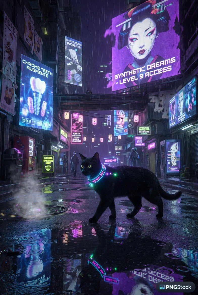 Neon Cyberpunk City Street with Futuristic Black Cat and Glowing Collar ...