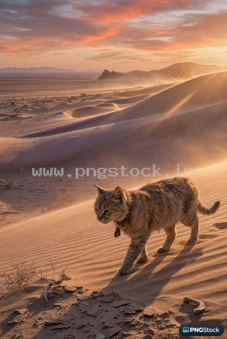 Rugged Cat Walking Through Desert Sand Dunes in Dramatic Golden Hour Cinematic Light