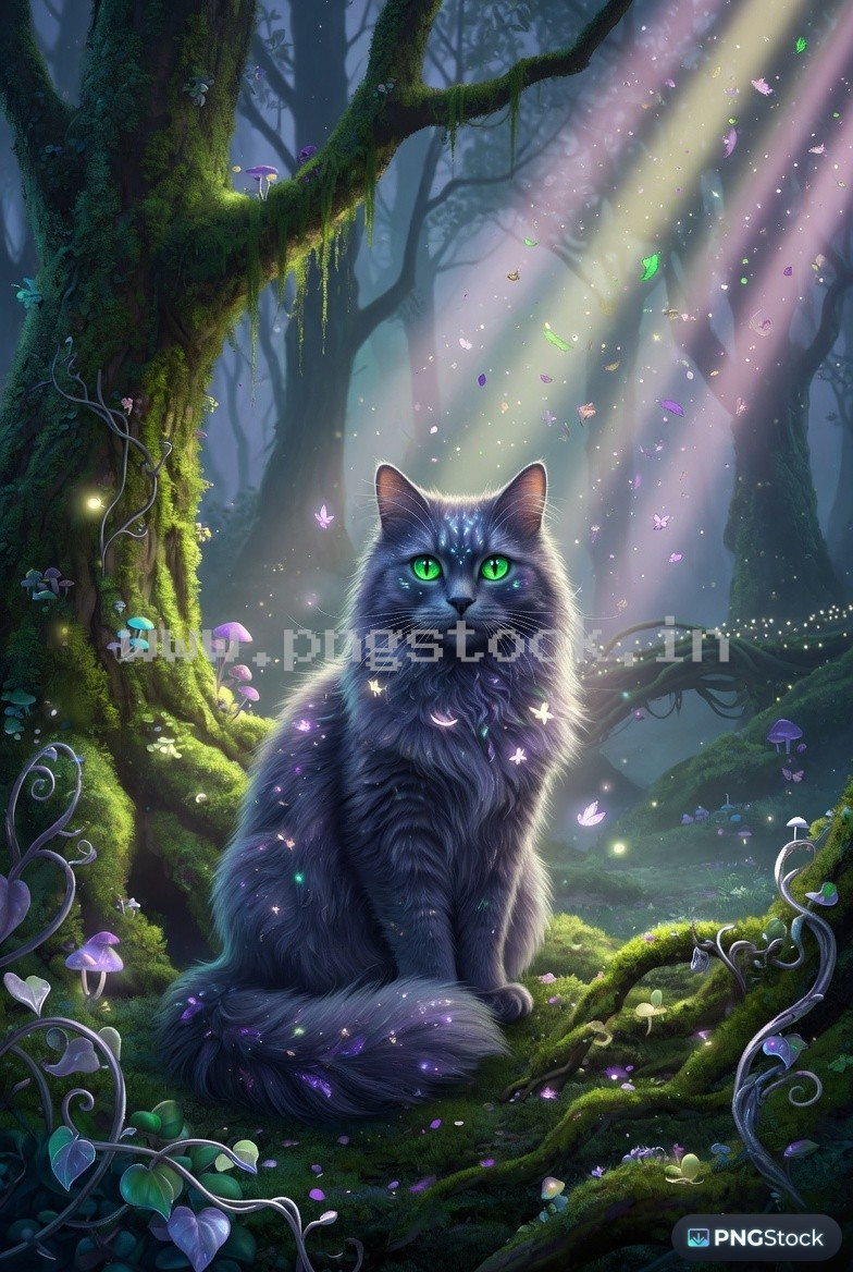 Mystical Cat with Glowing Green Eyes in Enchanted Forest Fantasy Scene Ultra Detailed