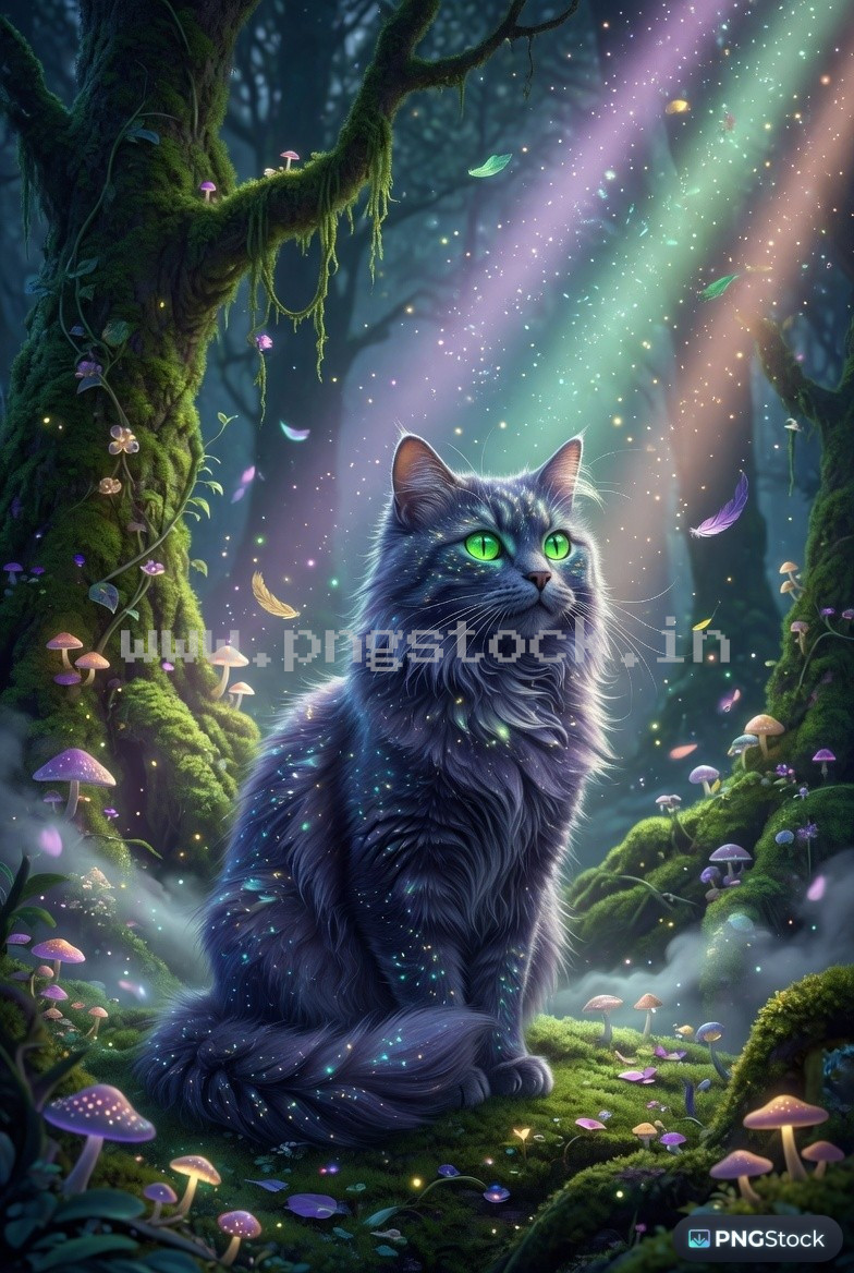Mystical Cat with Glowing Green Eyes in Enchanted Forest Fantasy Scene Ultra Detailed