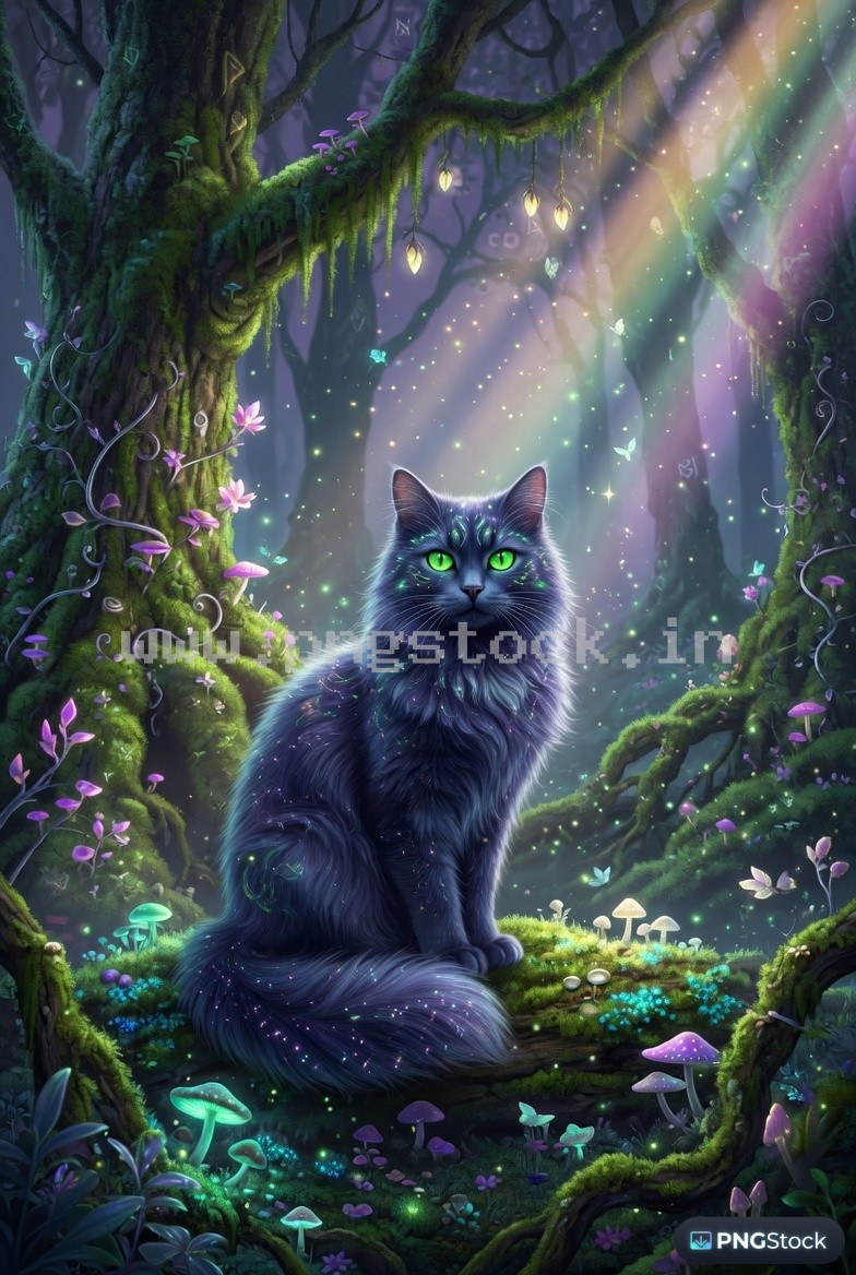 Mystical Cat with Glowing Green Eyes in Enchanted Forest Fantasy Scene Ultra Detailed