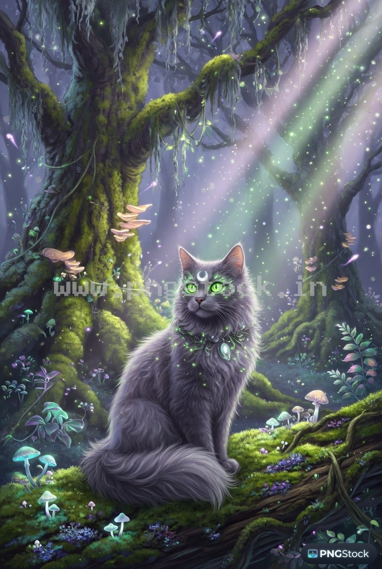 Mystical Cat with Glowing Green Eyes in Enchanted Forest Fantasy Scene Ultra Detailed