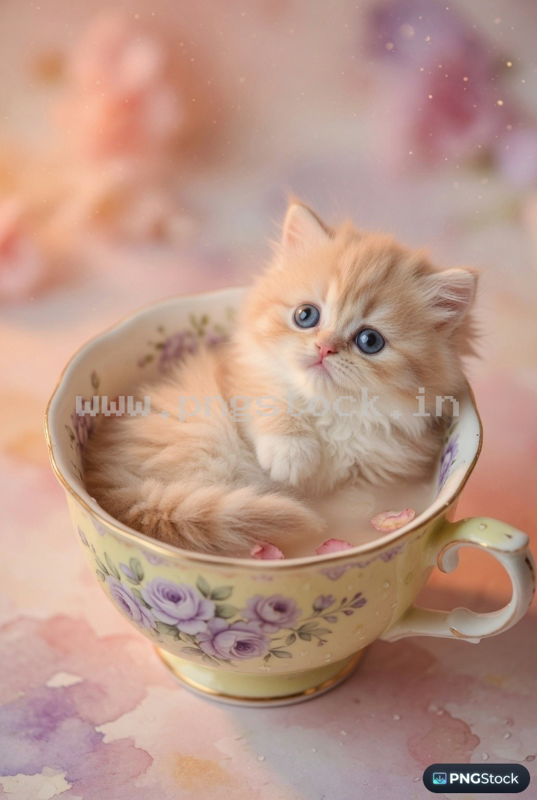 Adorable Tiny Kitten Sitting Inside Teacup in Soft Pastel Cozy Warm Light Macro Scene