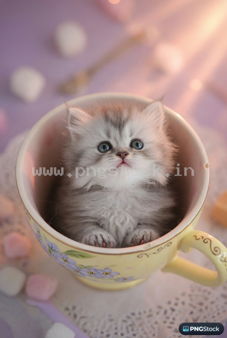 Adorable Tiny Kitten Sitting Inside Teacup in Soft Pastel Cozy Warm Light Macro Scene