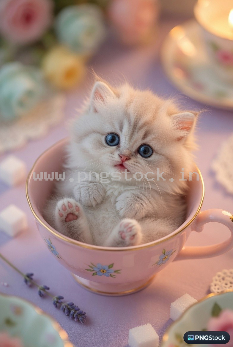 Adorable Tiny Kitten Sitting Inside Teacup in Soft Pastel Cozy Warm Light Macro Scene