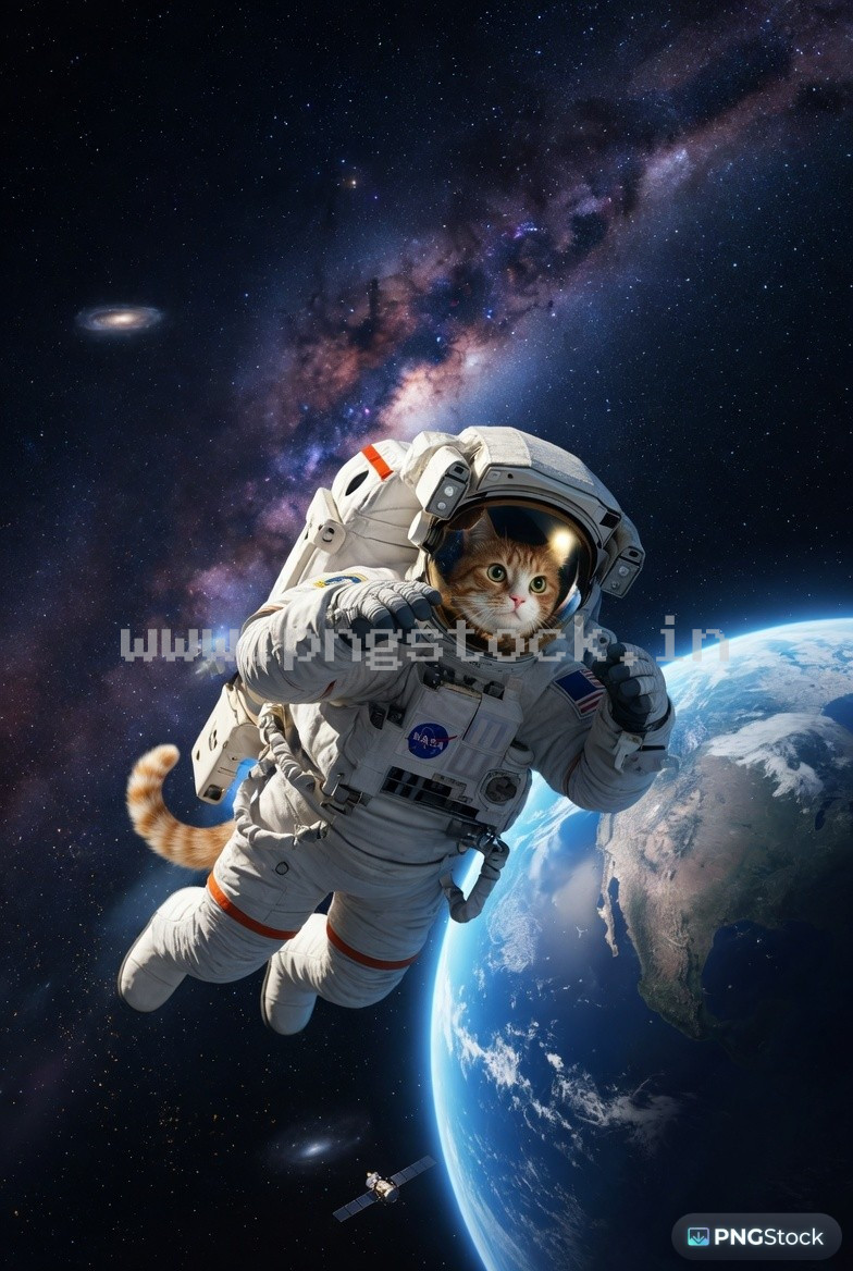 Realistic Astronaut Cat Floating in Space with Earth View Cinematic Sci Fi Ultra HD