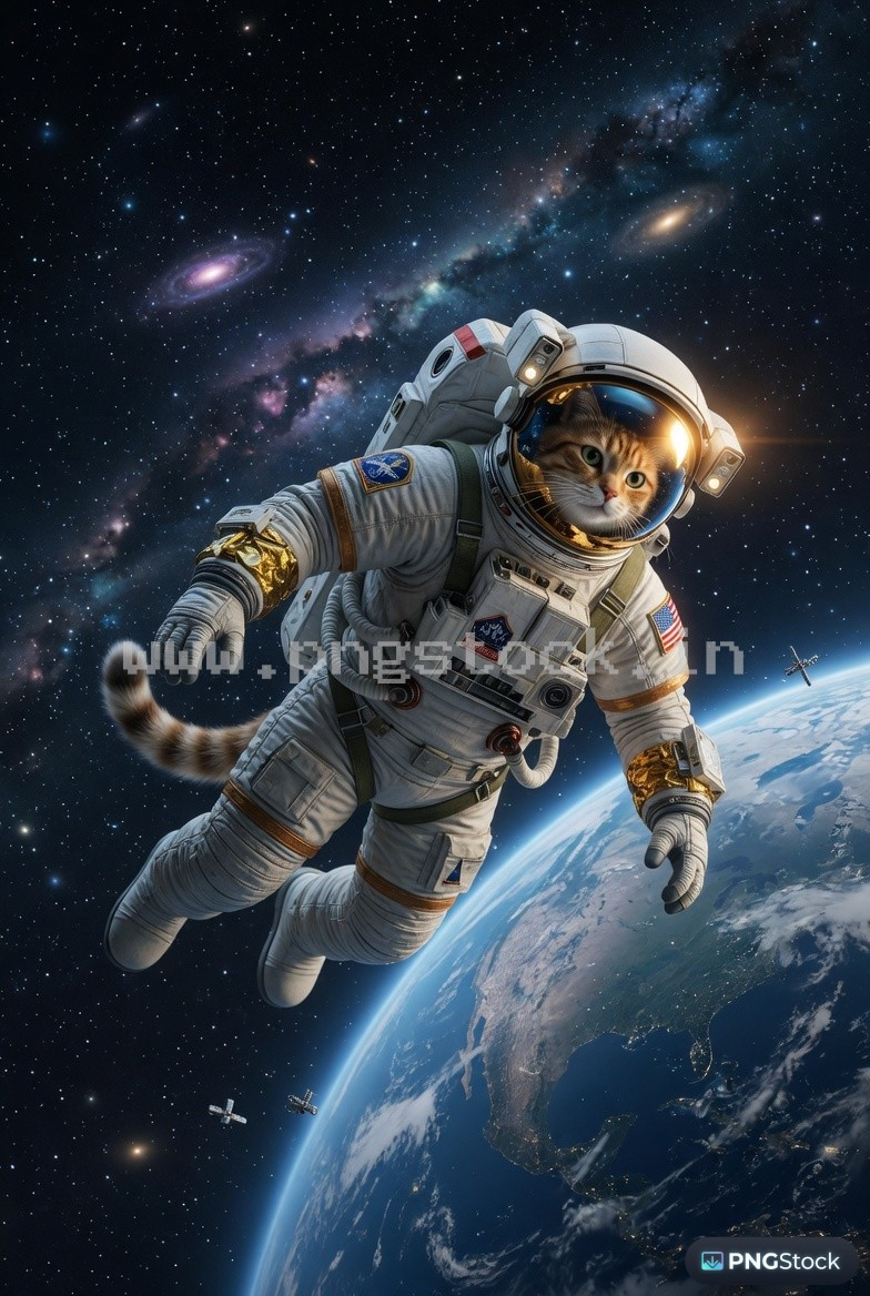 Realistic Astronaut Cat Floating in Space with Earth View Cinematic Sci Fi Ultra HD