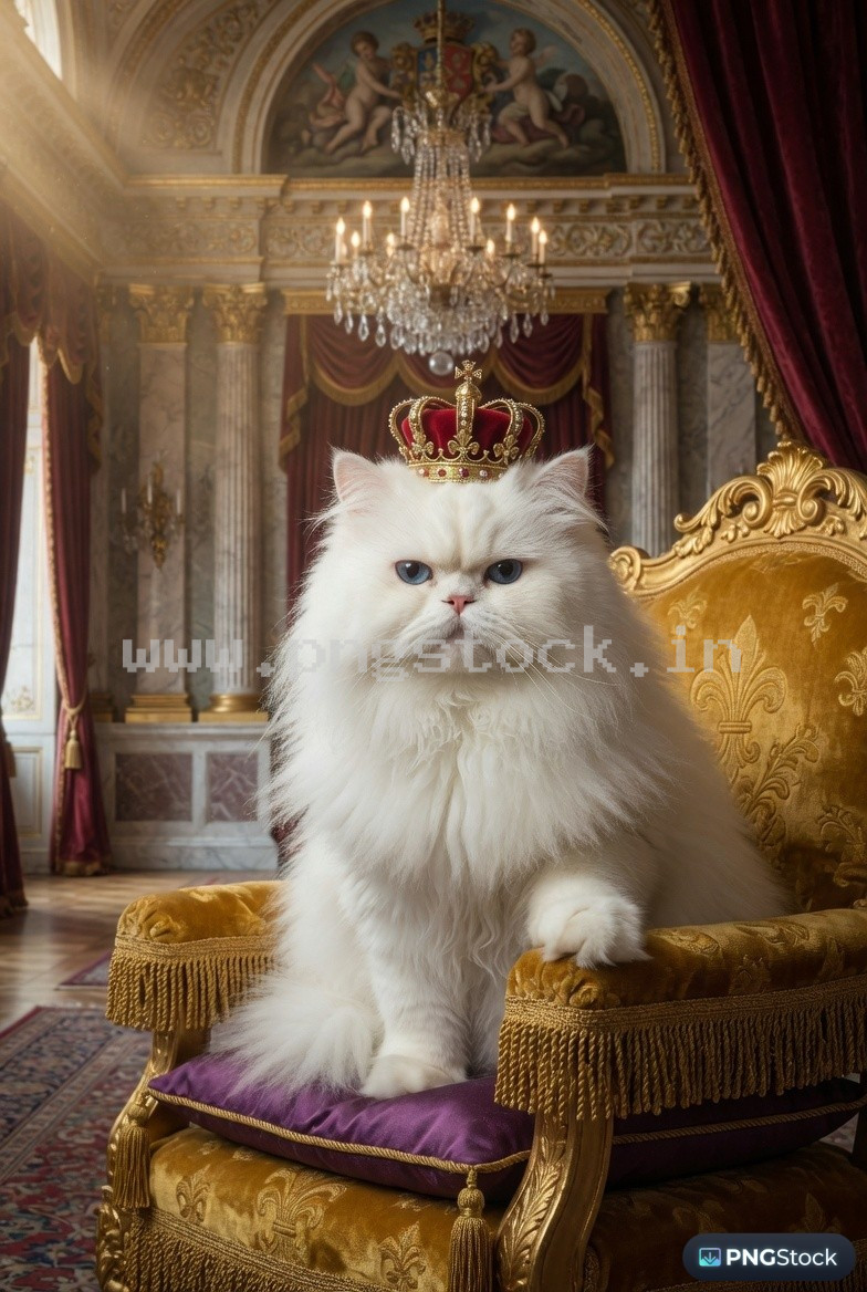 Majestic Persian Cat on Golden Velvet Throne with Crown Royal Palace Scene