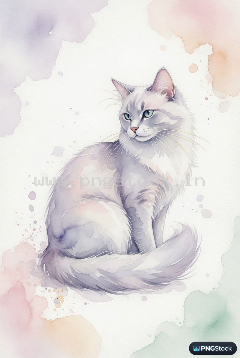 Elegant watercolor cat illustration with pastel splashes minimal artistic white background design
