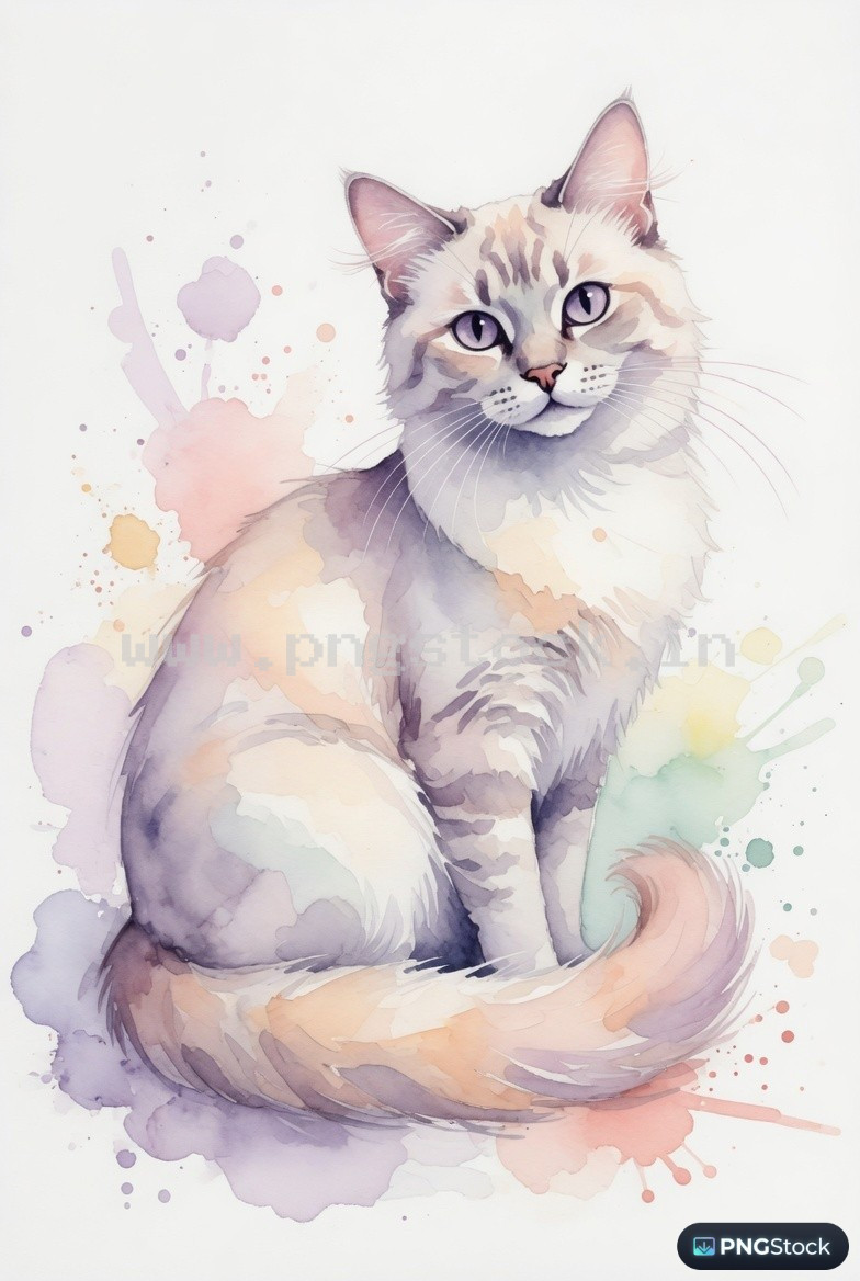 Elegant watercolor cat illustration with pastel splashes minimal artistic white background design