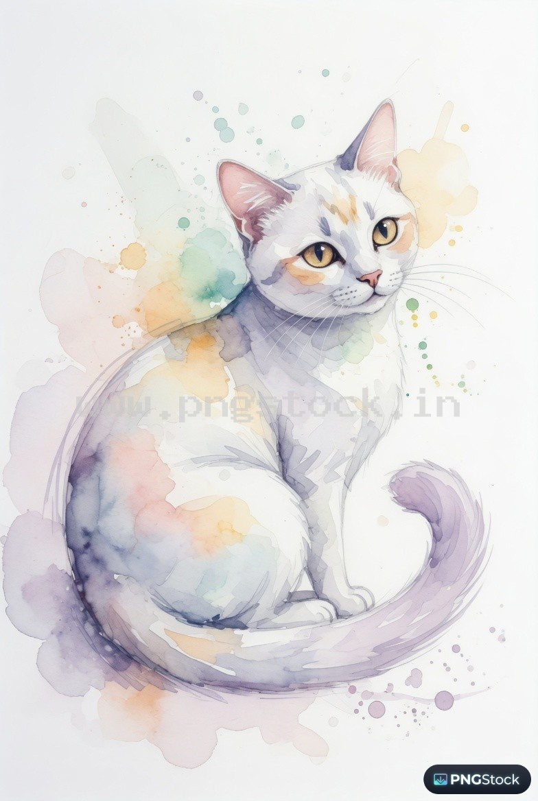 Elegant watercolor cat illustration with pastel splashes minimal artistic white background design