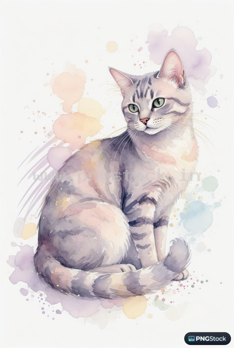 Elegant watercolor cat illustration with pastel splashes minimal artistic white background design