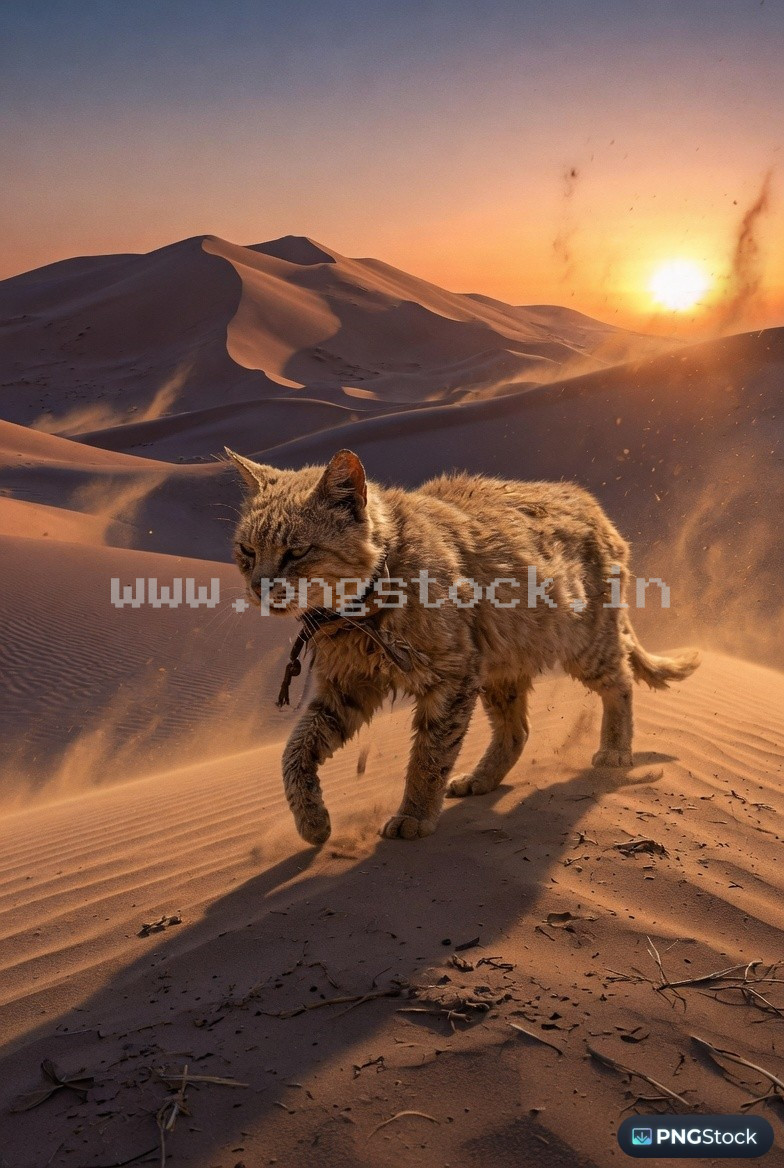 Rugged Cat Walking Through Desert Sand Dunes in Dramatic Golden Hour Cinematic Light