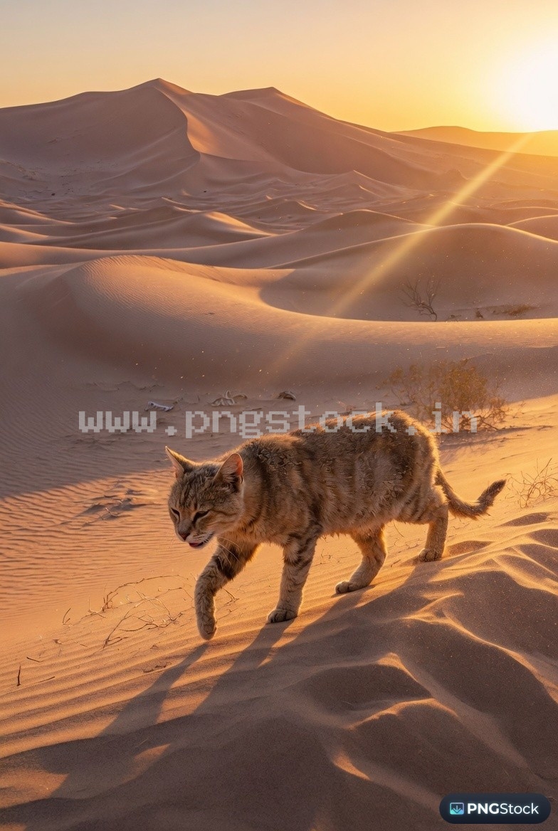 Rugged Cat Walking Through Desert Sand Dunes in Dramatic Golden Hour Cinematic Light