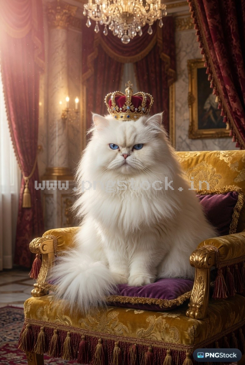 Majestic Persian Cat on Golden Velvet Throne with Crown Royal Palace Scene