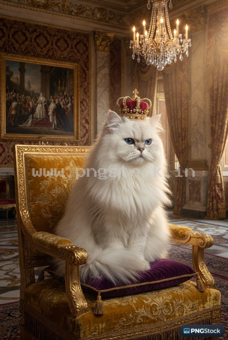 Majestic Persian Cat on Golden Velvet Throne with Crown Royal Palace Scene