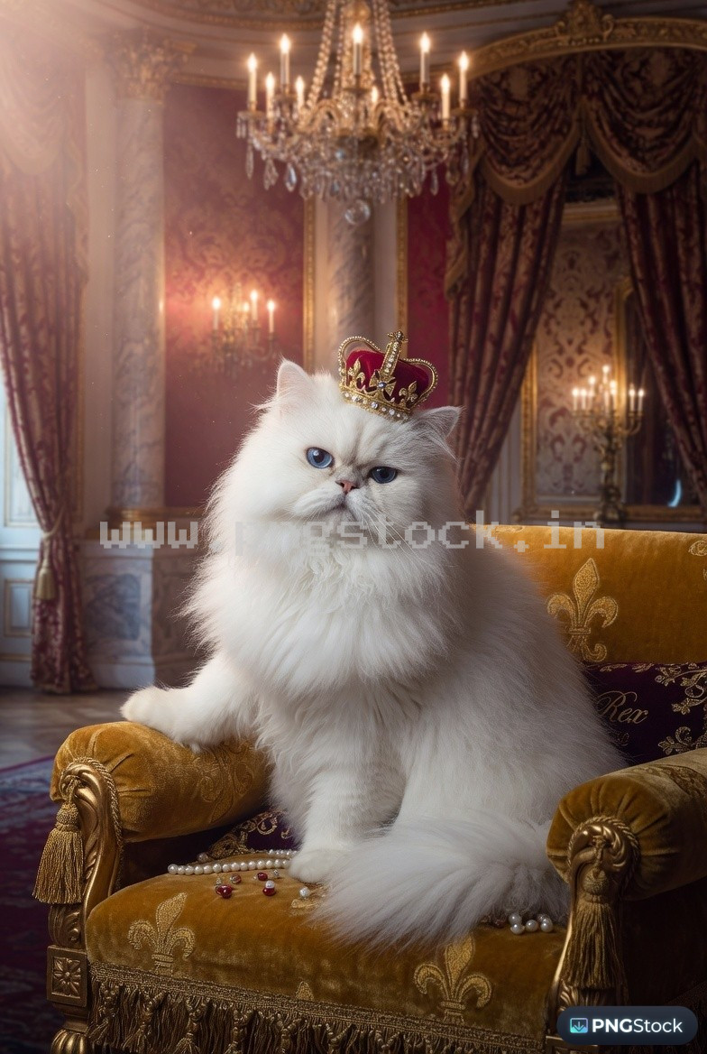 Majestic Persian Cat on Golden Velvet Throne with Crown Royal Palace Scene