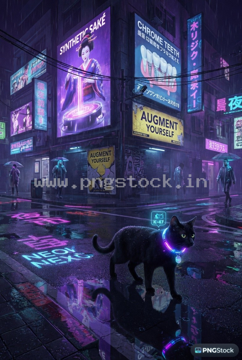 Neon Cyberpunk City Street with Futuristic Black Cat and Glowing Collar Night Scene