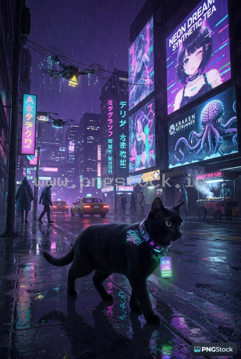 Neon Cyberpunk City Street with Futuristic Black Cat and Glowing Collar Night Scene