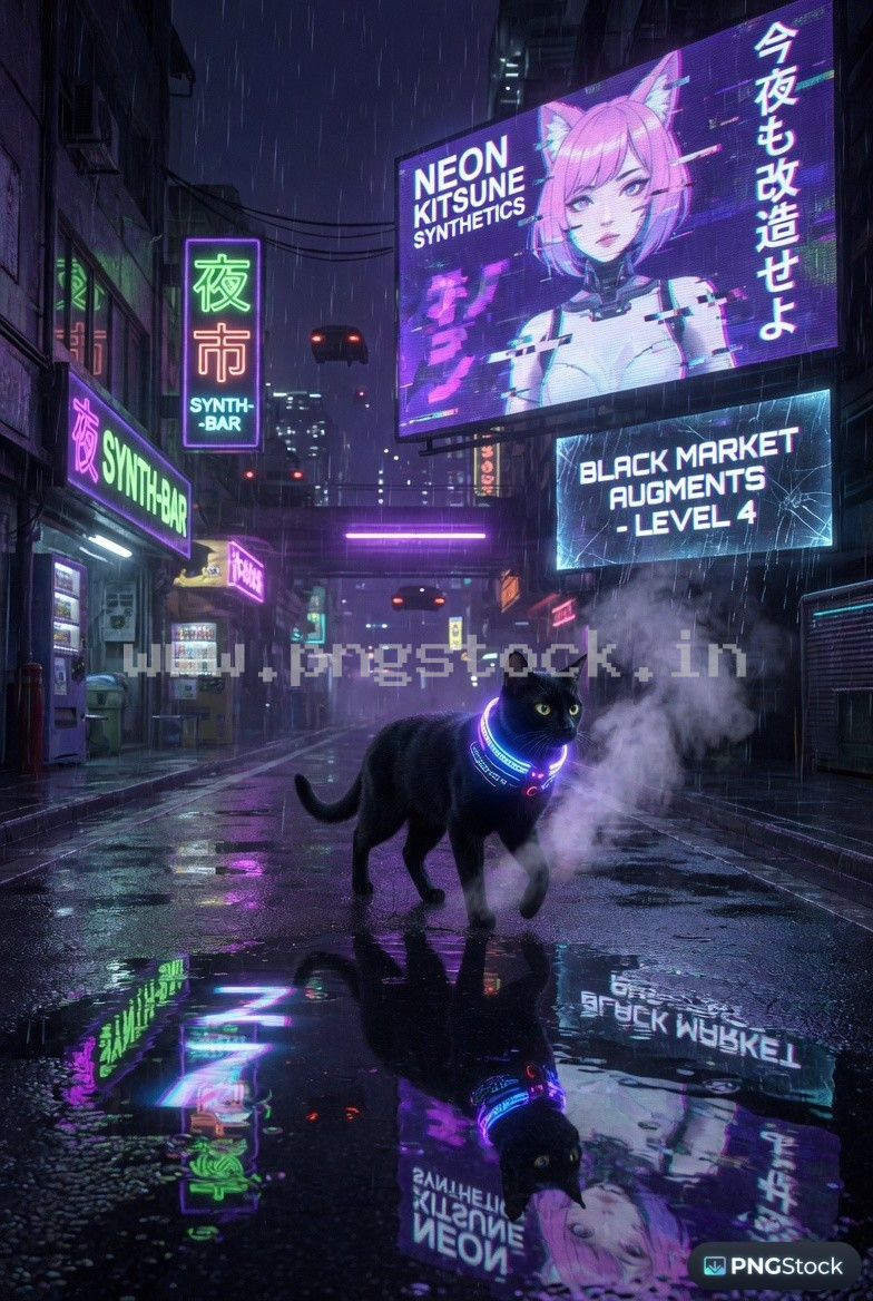 Neon Cyberpunk City Street with Futuristic Black Cat and Glowing Collar Night Scene