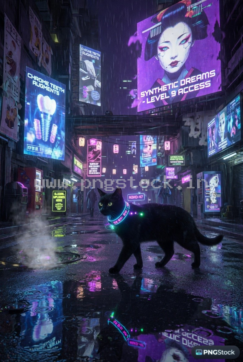 Neon Cyberpunk City Street with Futuristic Black Cat and Glowing Collar Night Scene