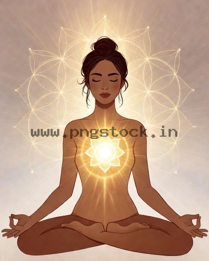 Spiritual Meditation Woman with Glowing Heart Chakra Energy and Inner Peace Illustration