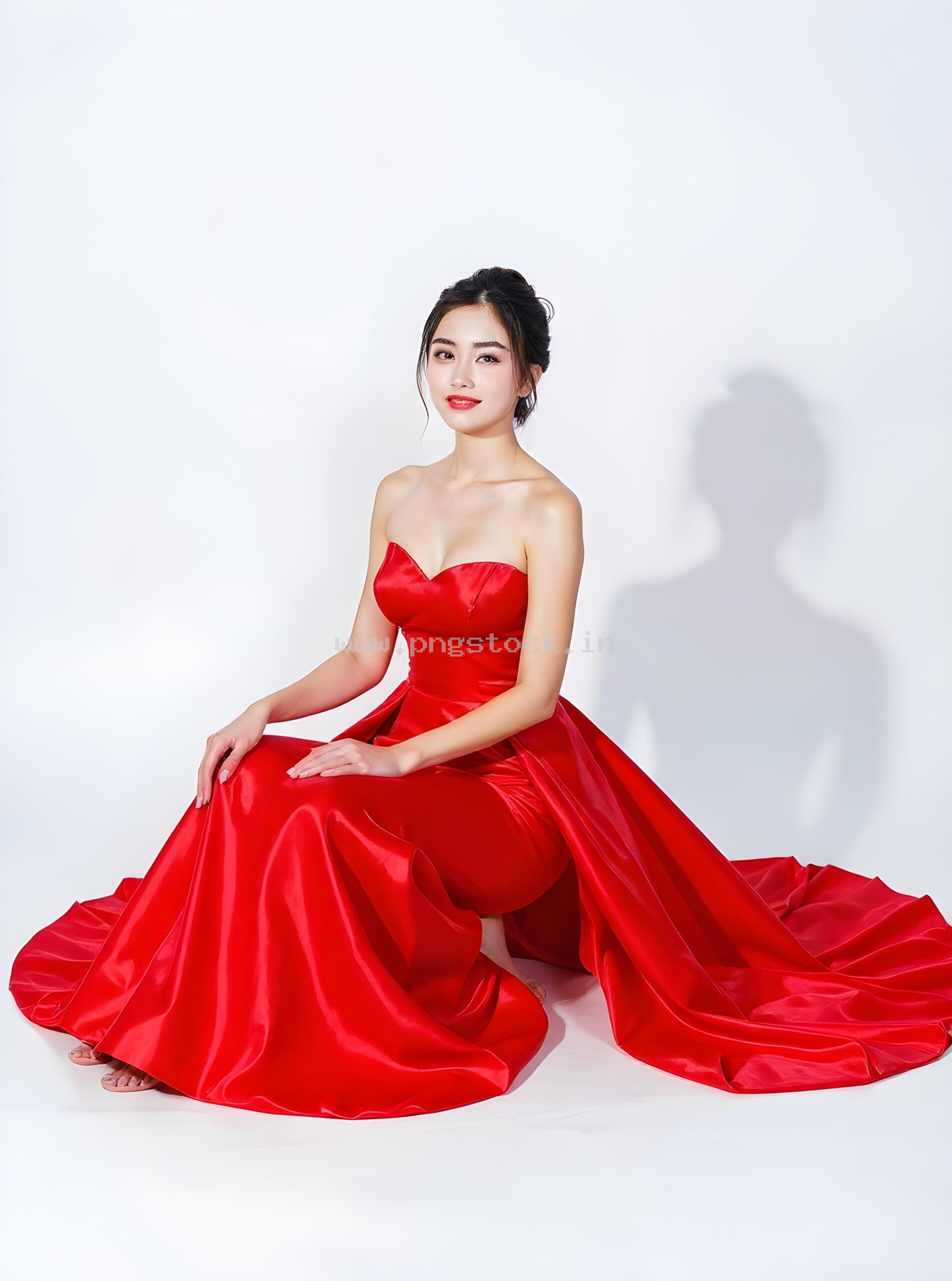 Graceful Red Dress Fashion Model Portrait on White Free Image Download