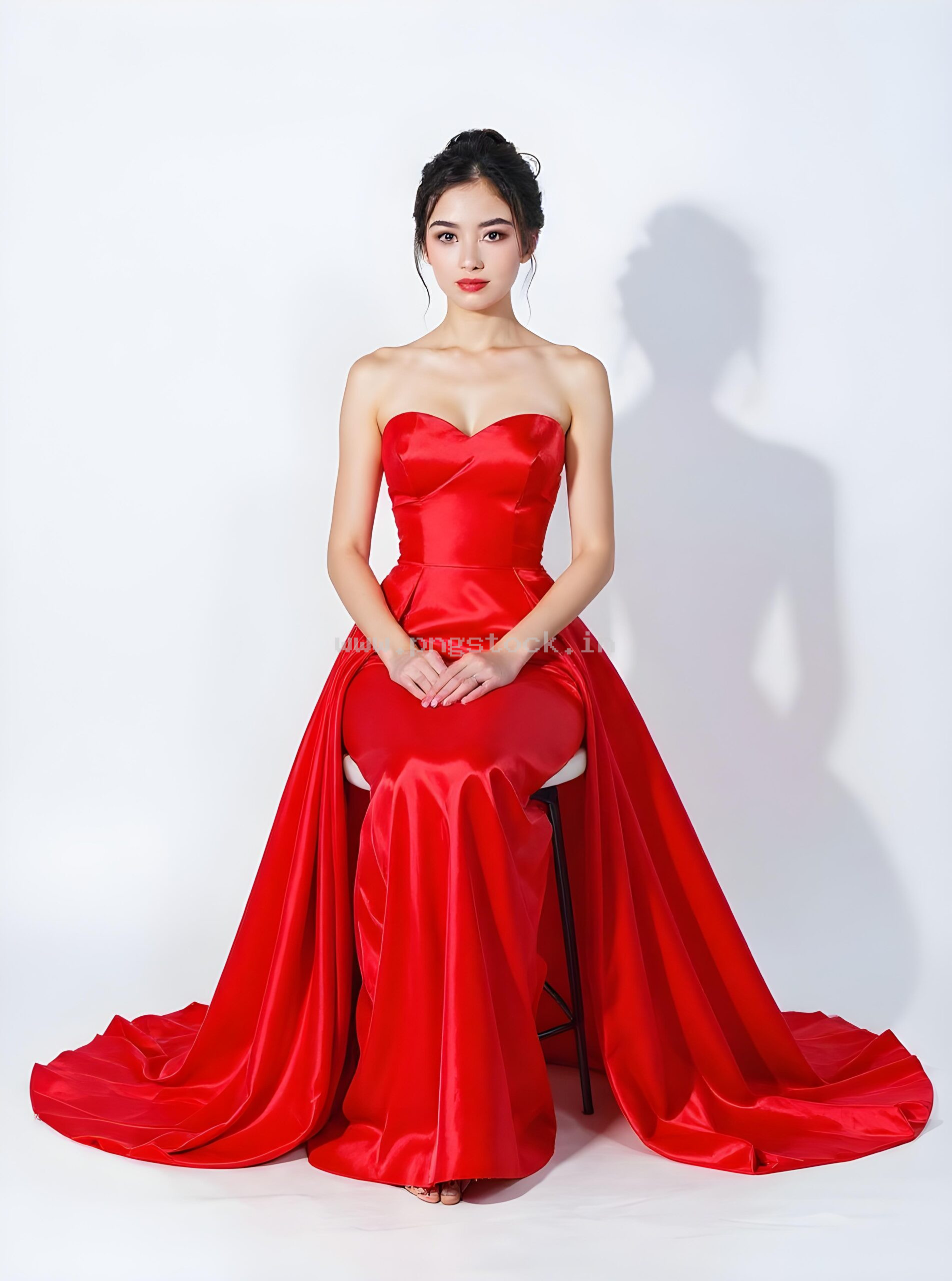 Graceful Red Dress Fashion Model Portrait on White Free Image Download