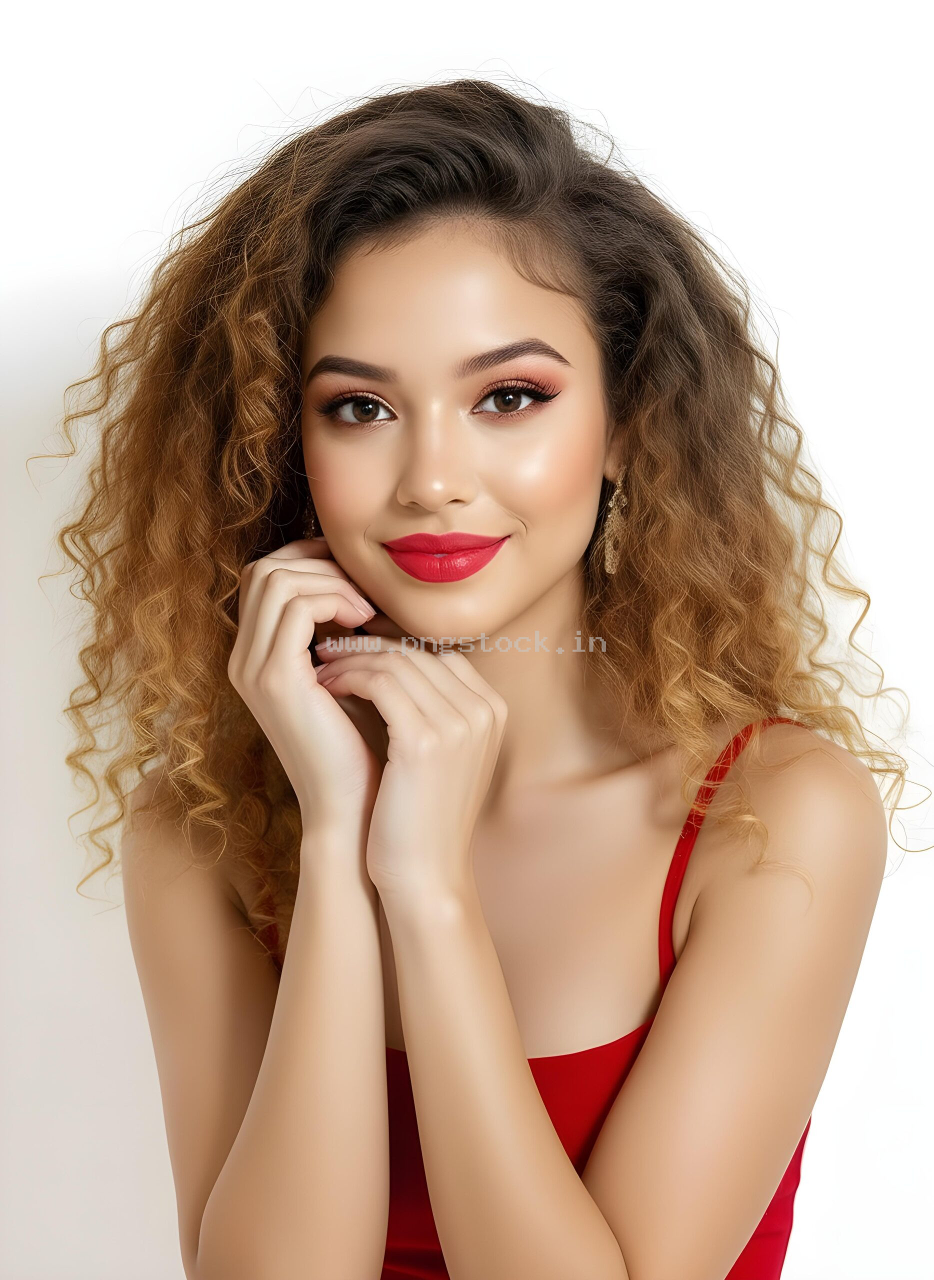 Graceful Red Dress Fashion Model Portrait on White Free Image Download