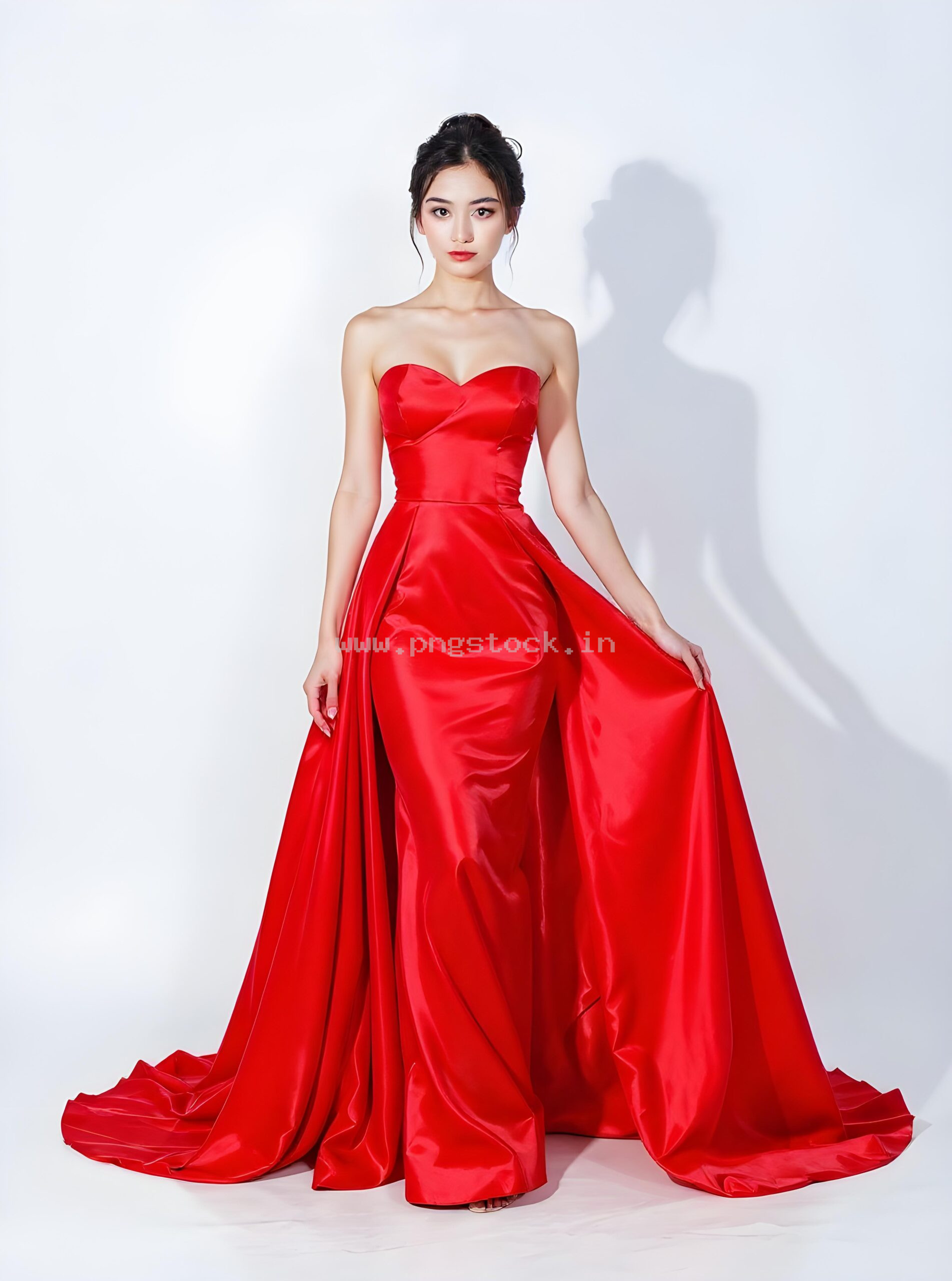 Graceful Red Dress Fashion Model Portrait on White Free Image Download