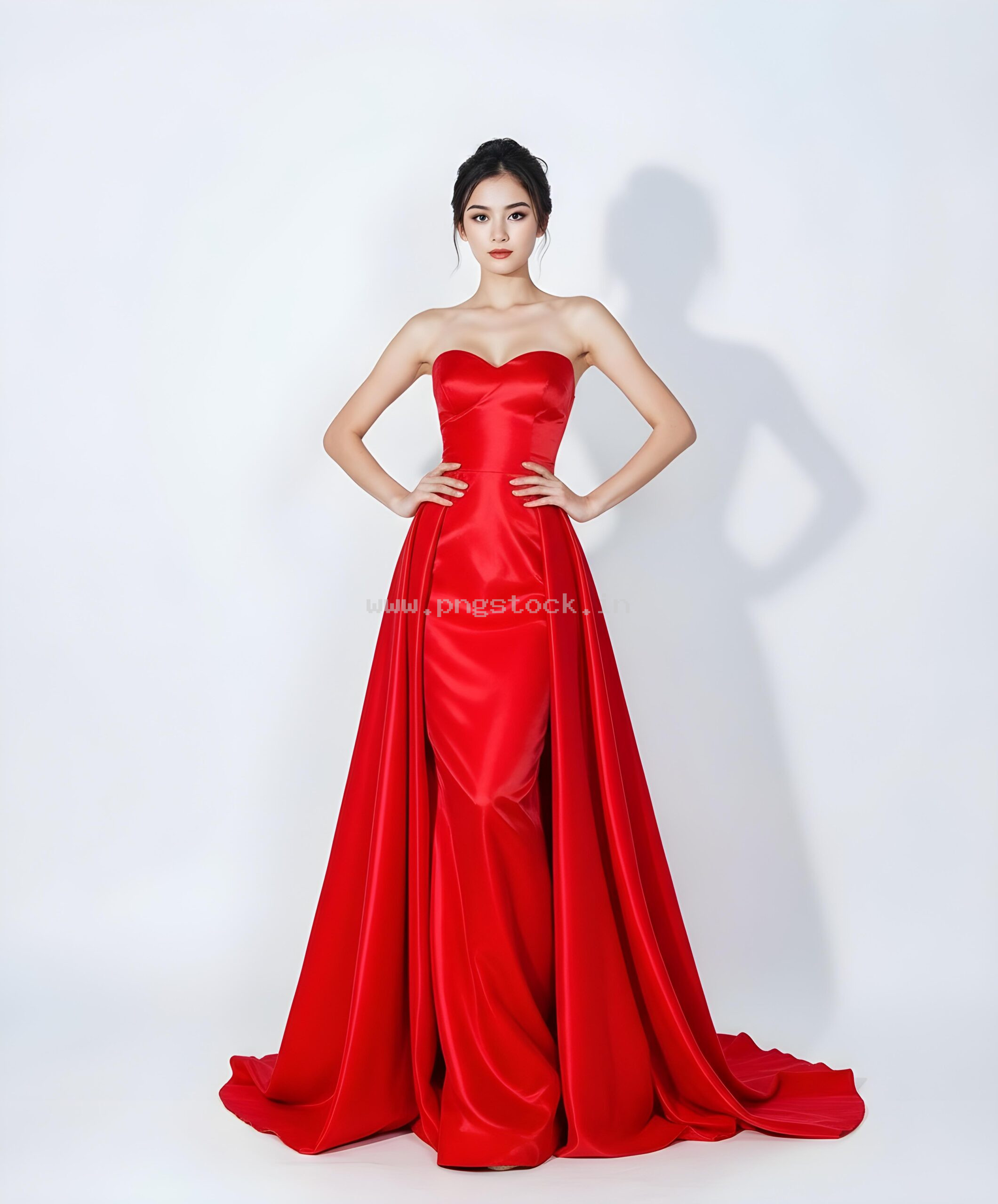 Graceful Red Dress Fashion Model Portrait on White Free Image Download