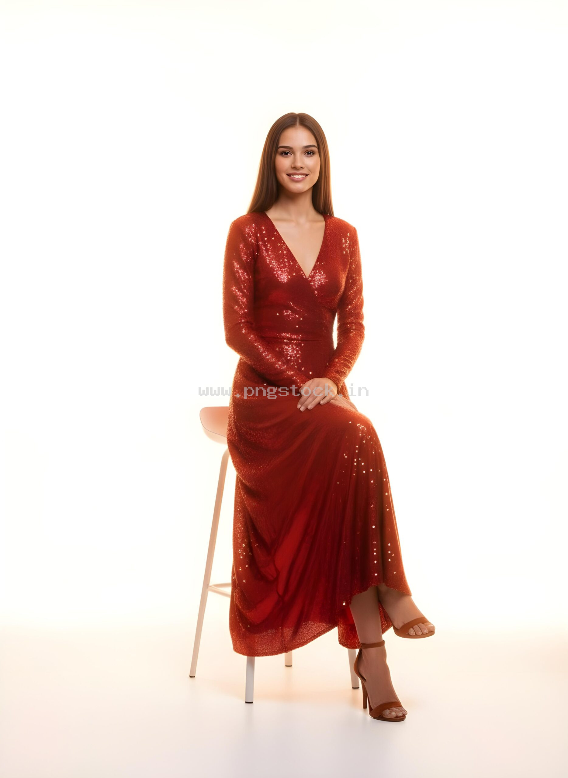 Graceful Red Dress Fashion Model Portrait on White Free Image Download