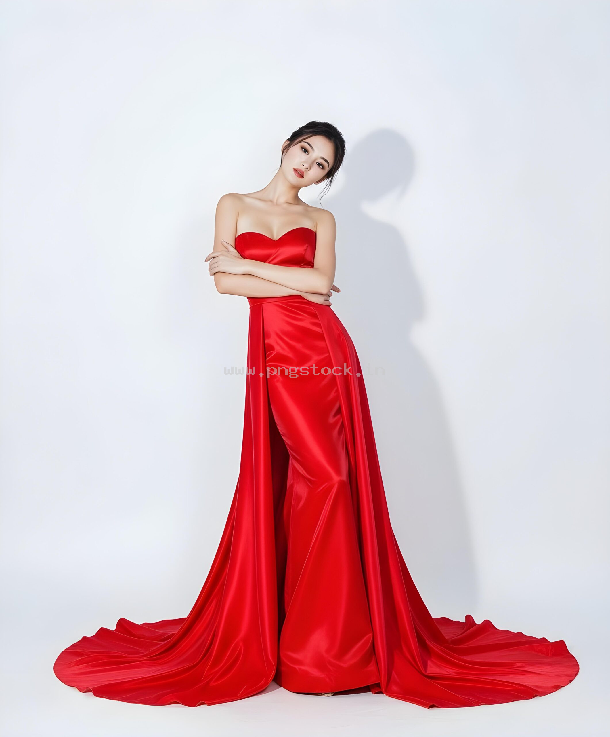 Graceful Red Dress Fashion Model Portrait on White Free Image Download