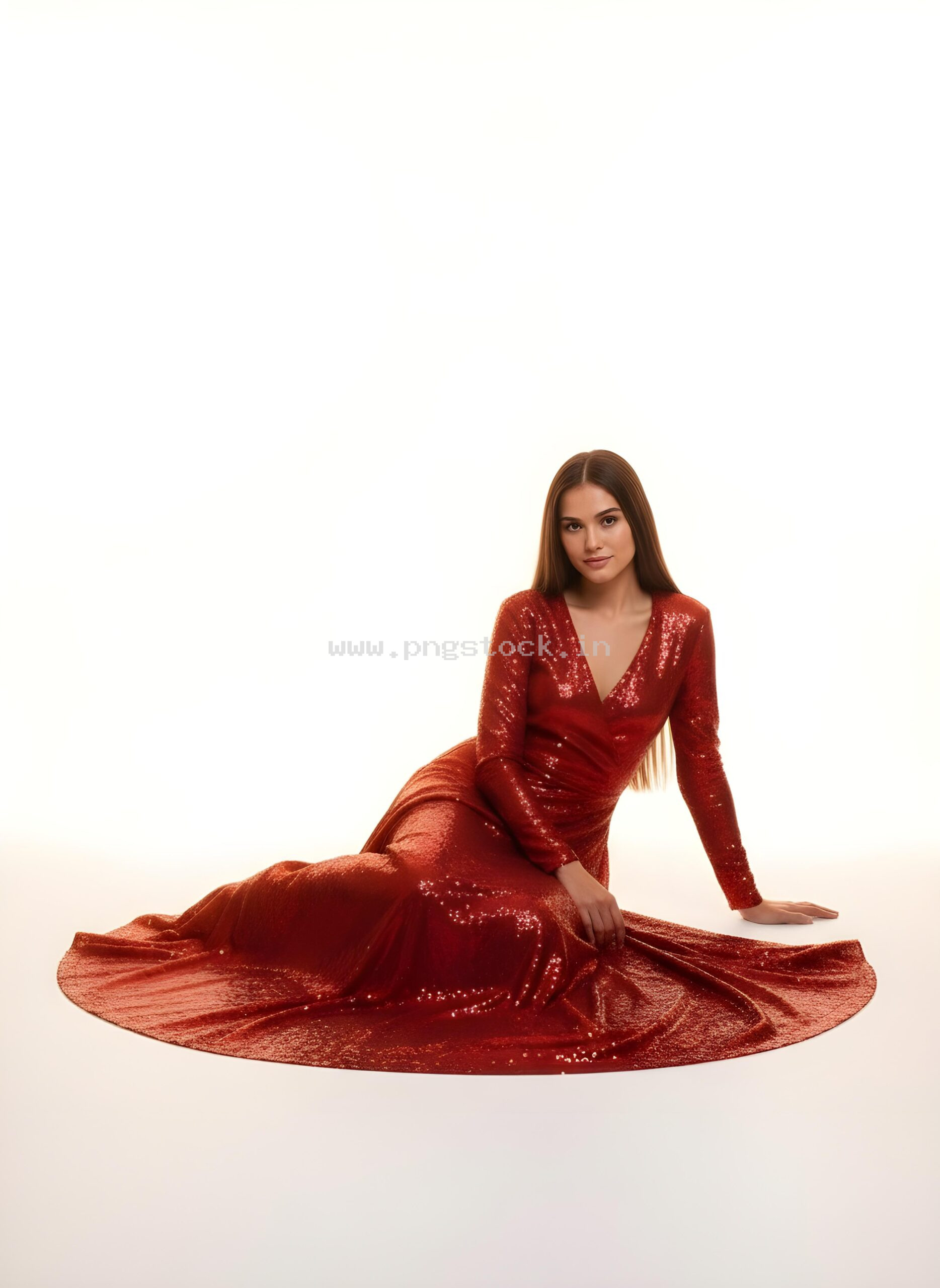 Graceful Red Dress Fashion Model Portrait on White Free Image Download