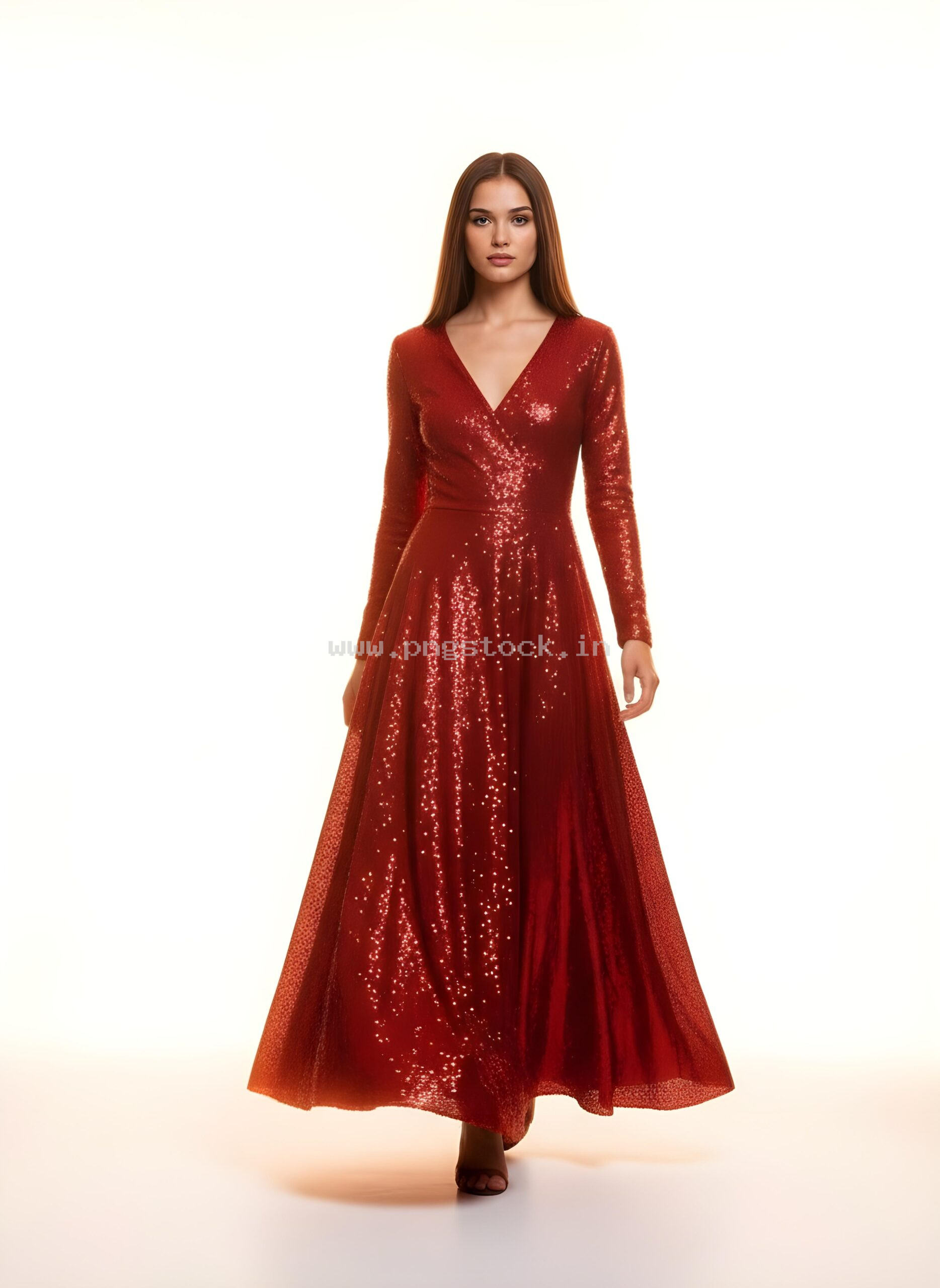 Graceful Red Dress Fashion Model Portrait on White Free Image Download