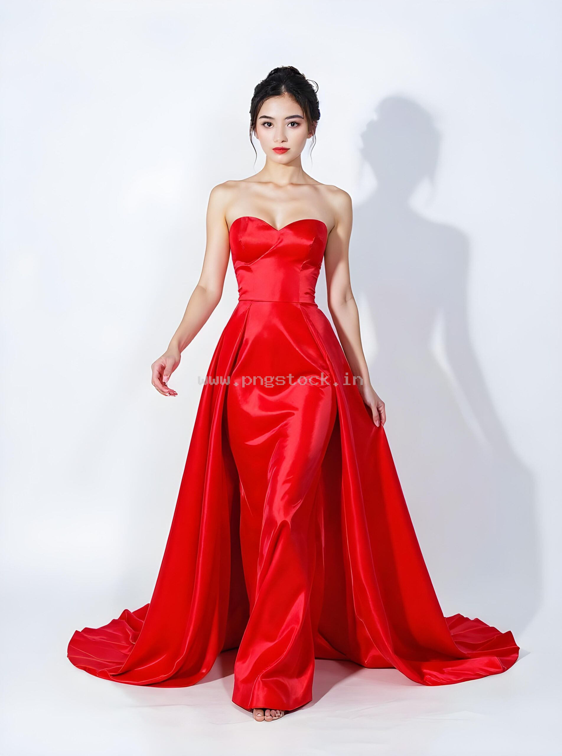 Graceful Red Dress Fashion Model Portrait on White Free Image Download