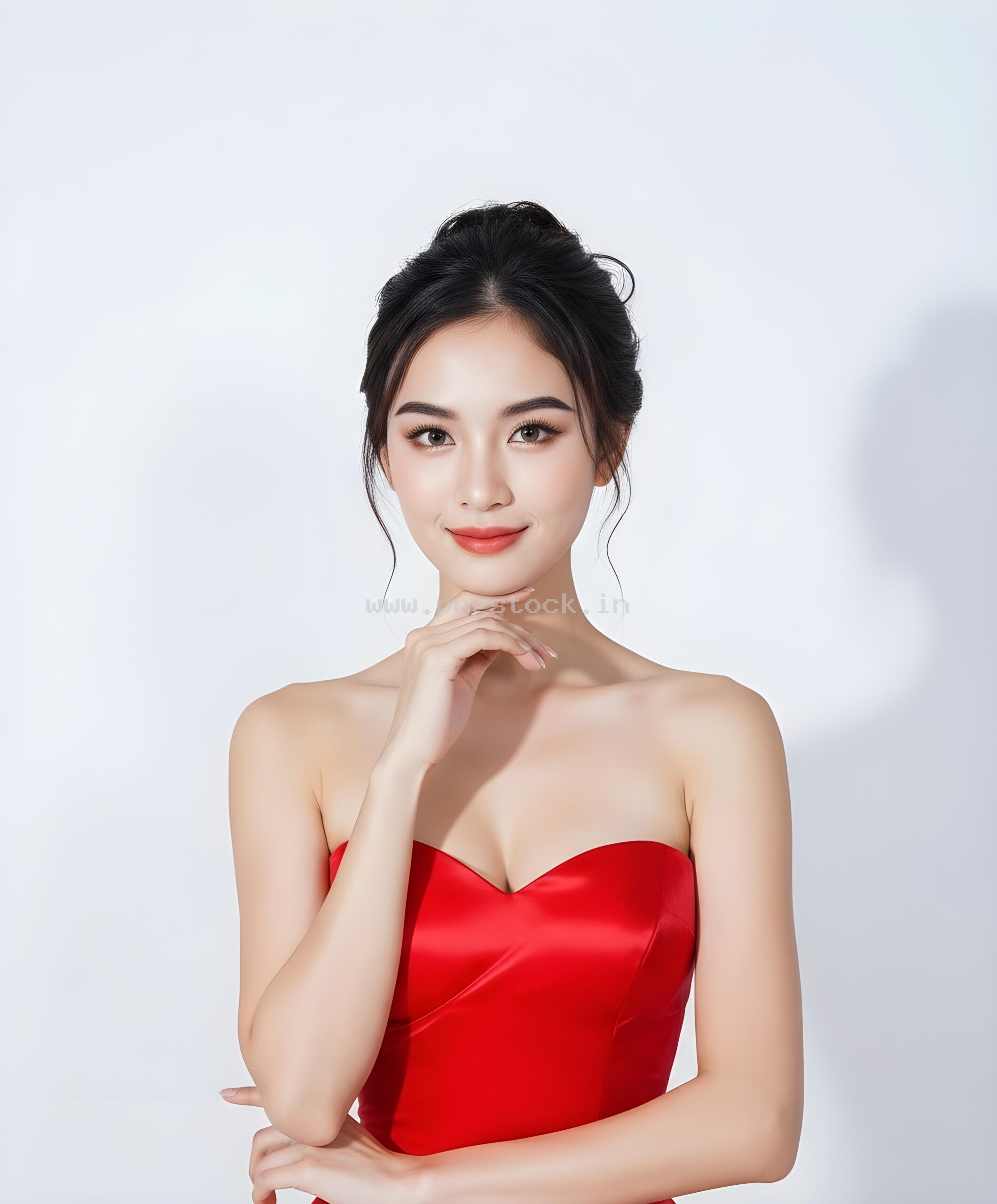 Graceful Red Dress Fashion Model Portrait on White Free Image Download