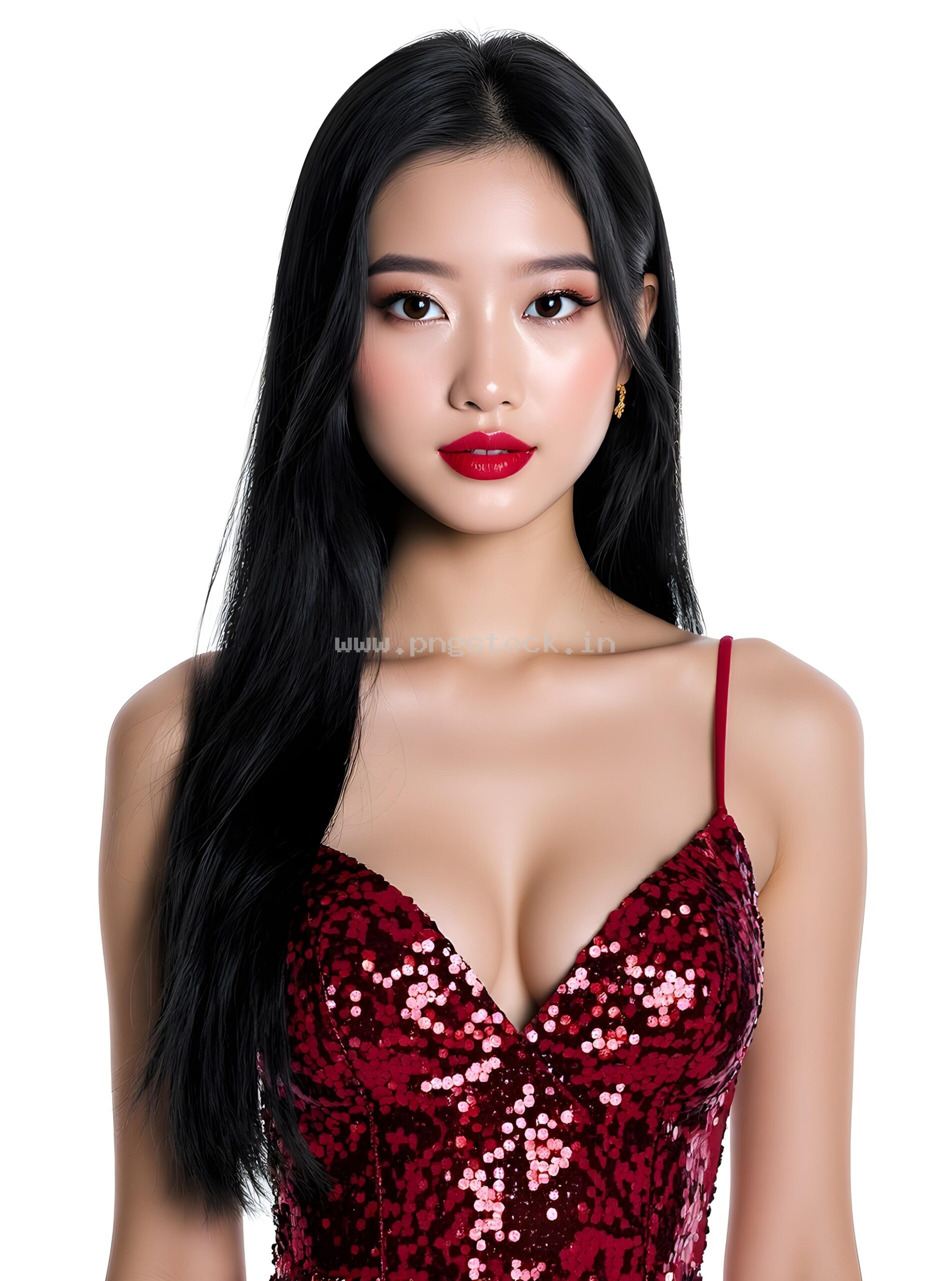 Graceful Red Dress Fashion Model Portrait on White Free Image Download