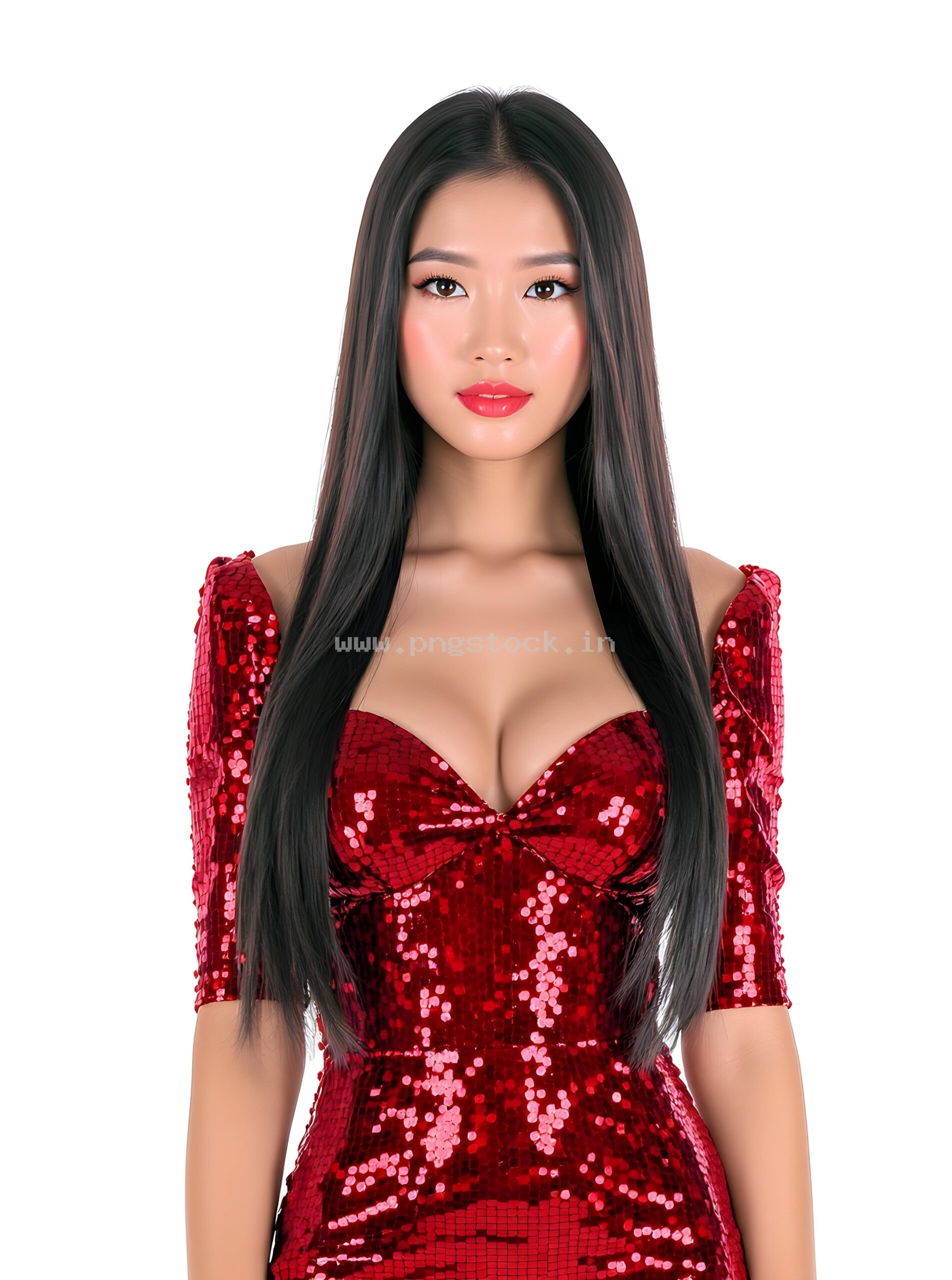 Graceful Red Dress Fashion Model Portrait on White Free Image Download