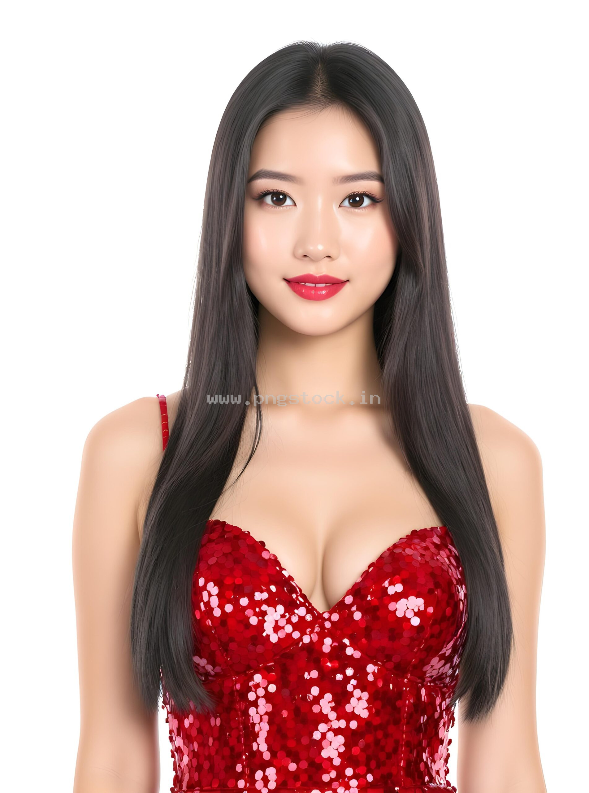 Graceful Red Dress Fashion Model Portrait on White Free Image Download