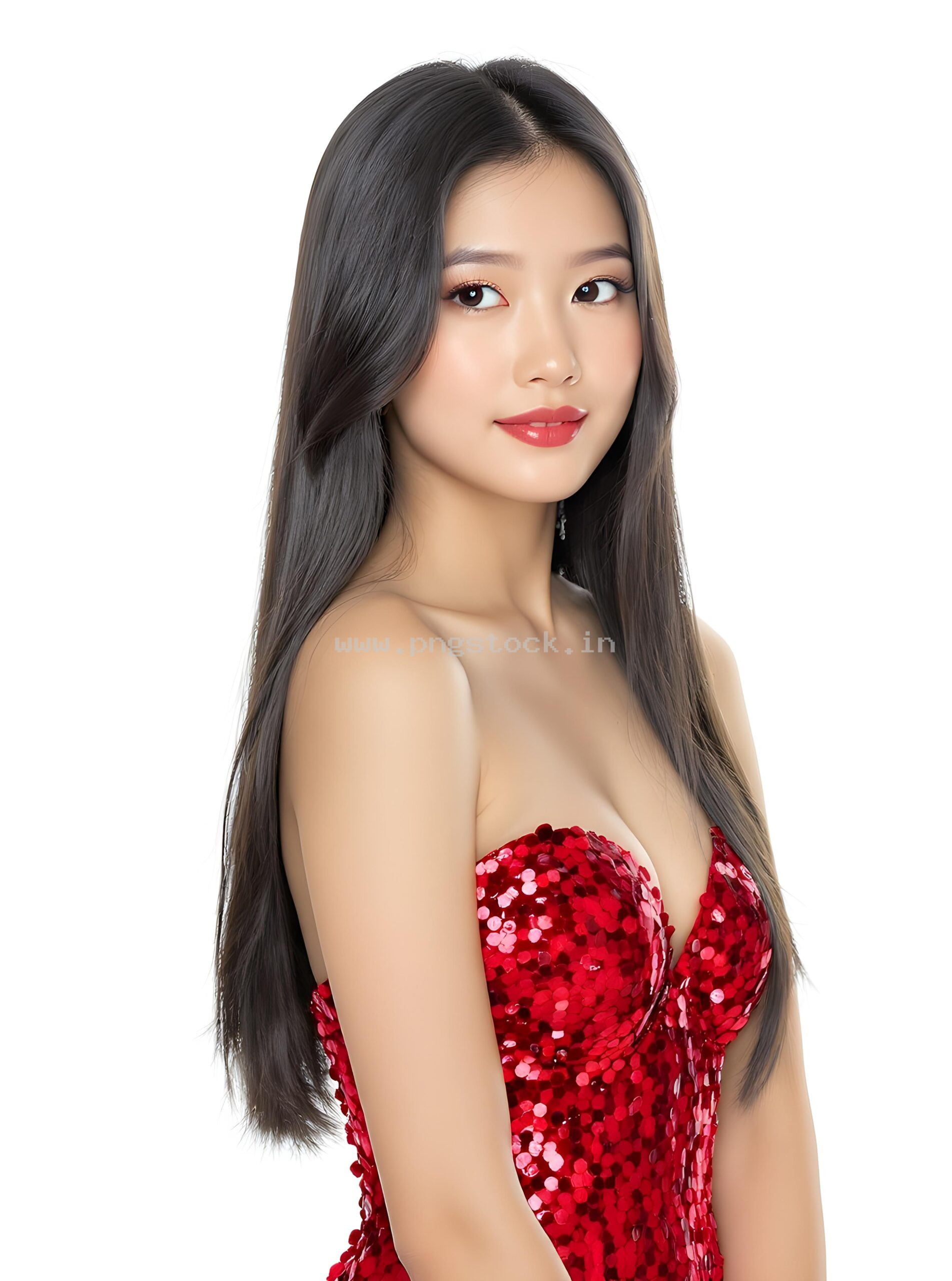 Graceful Red Dress Fashion Model Portrait on White Free Image Download
