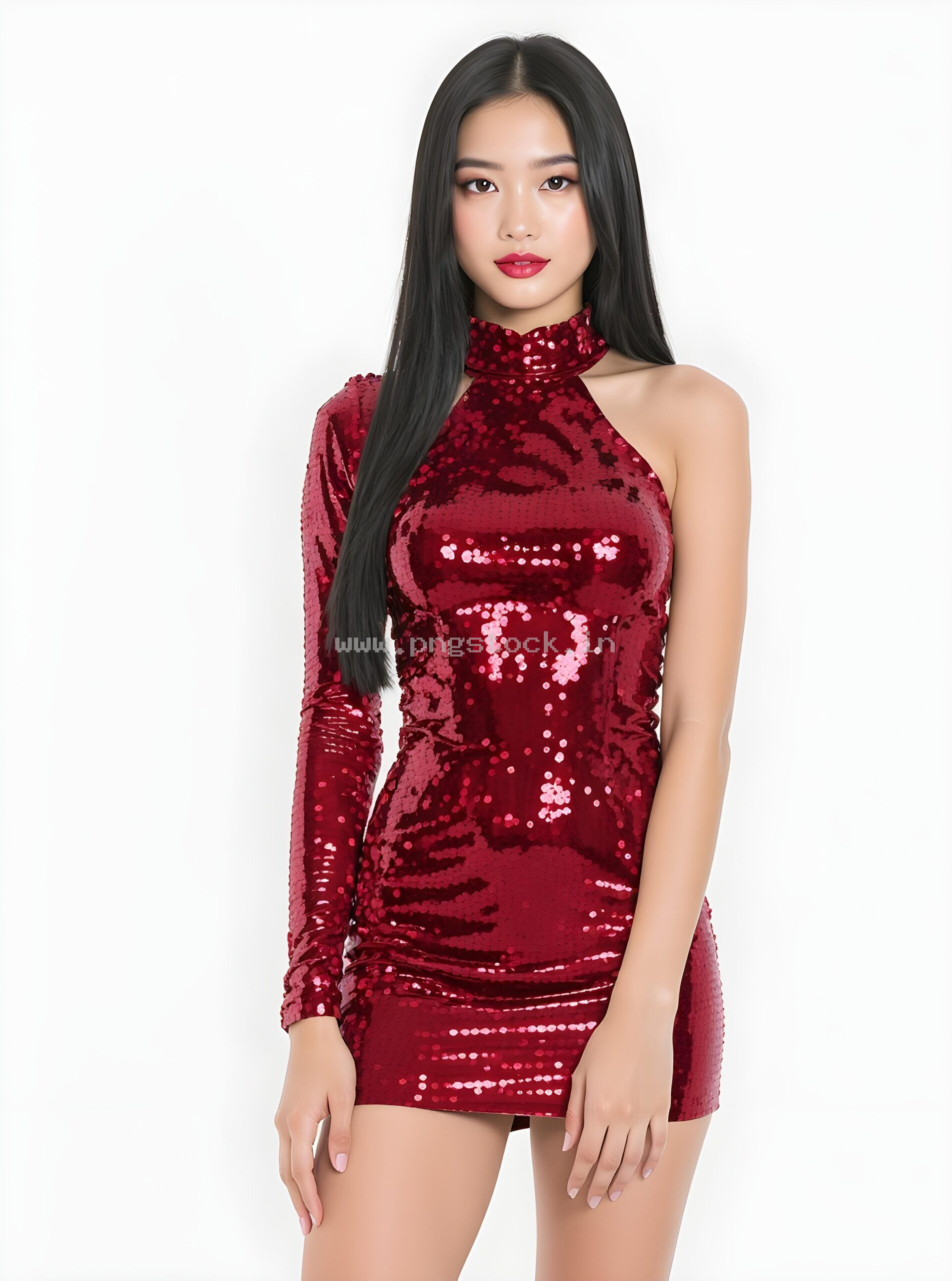 Graceful Red Dress Fashion Model Portrait on White Free Image Download