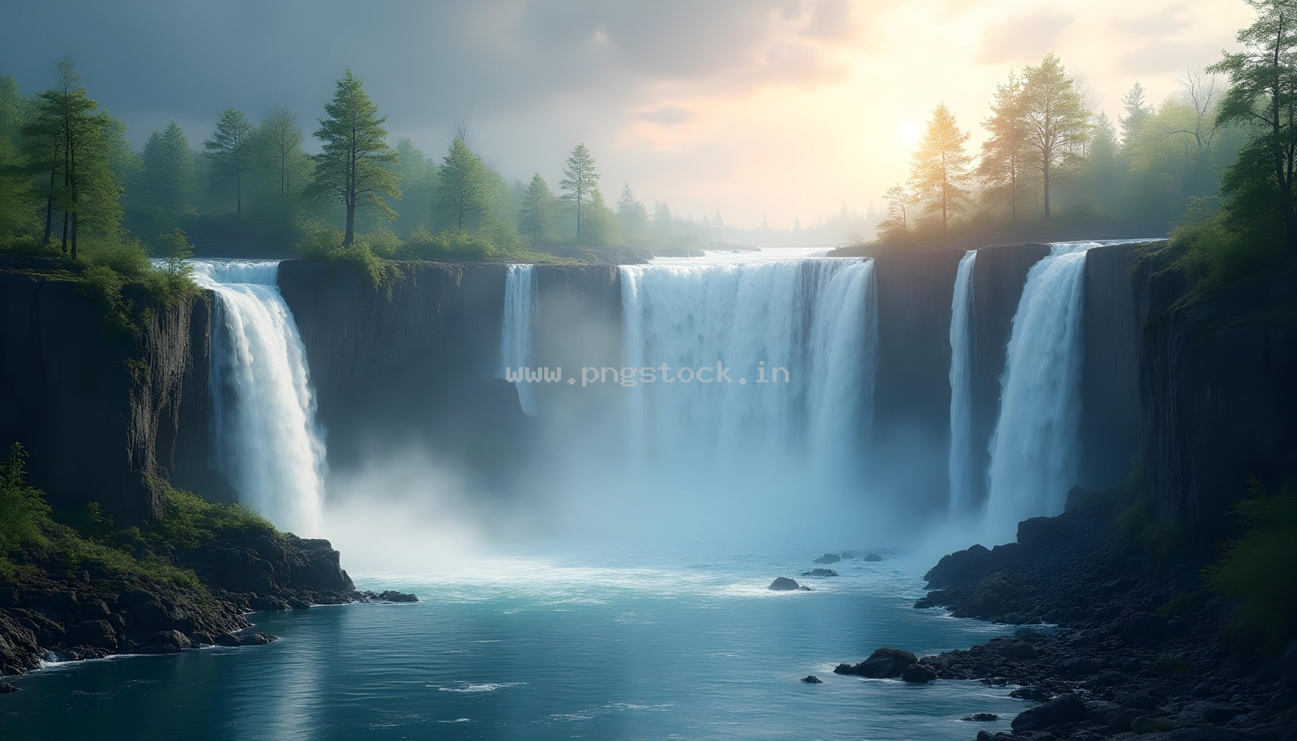 Beautiful Nature Waterfall Landscape Wallpaper with Lush Green Forest