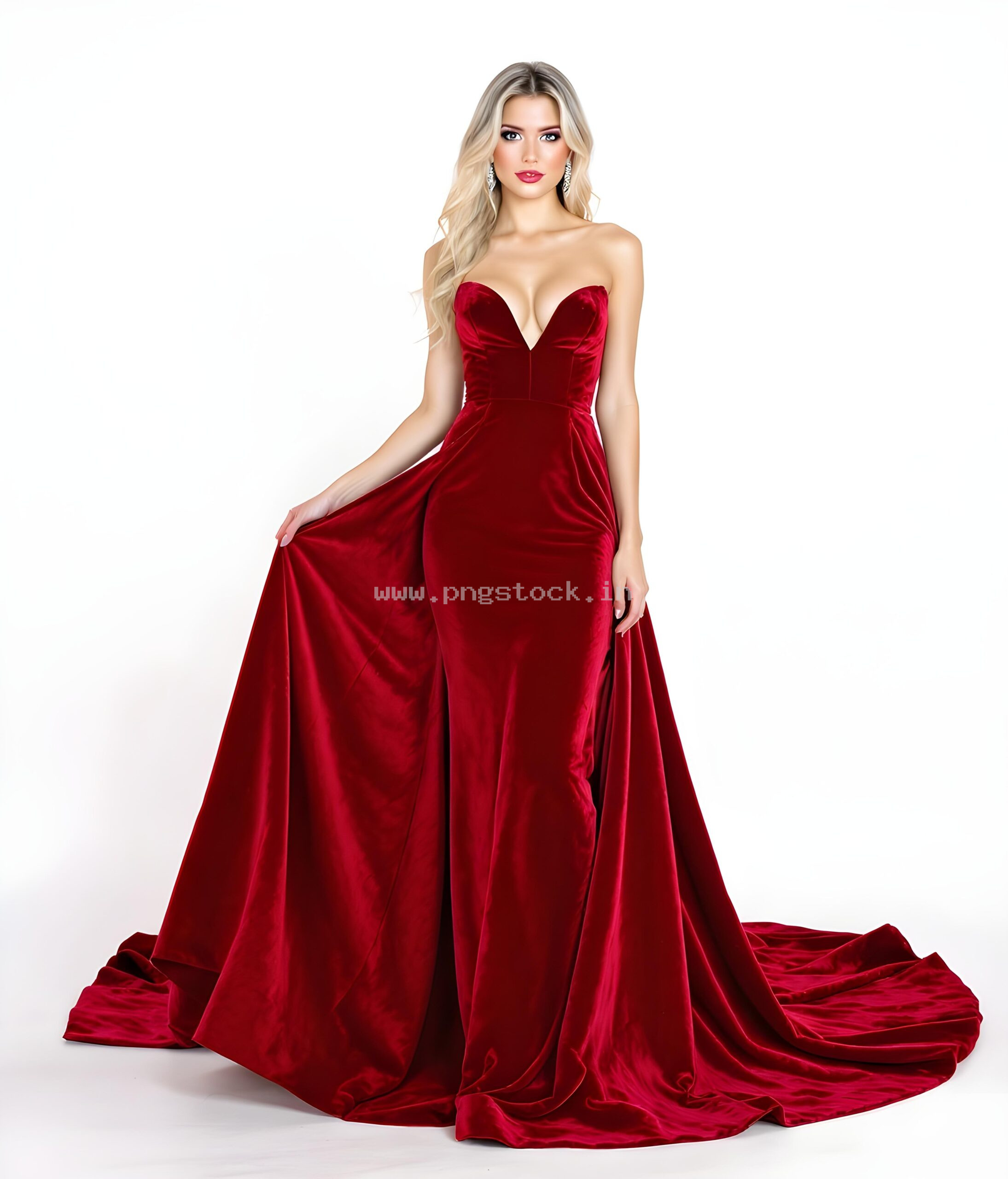Graceful Red Dress Fashion Model Portrait on White Free Image Download