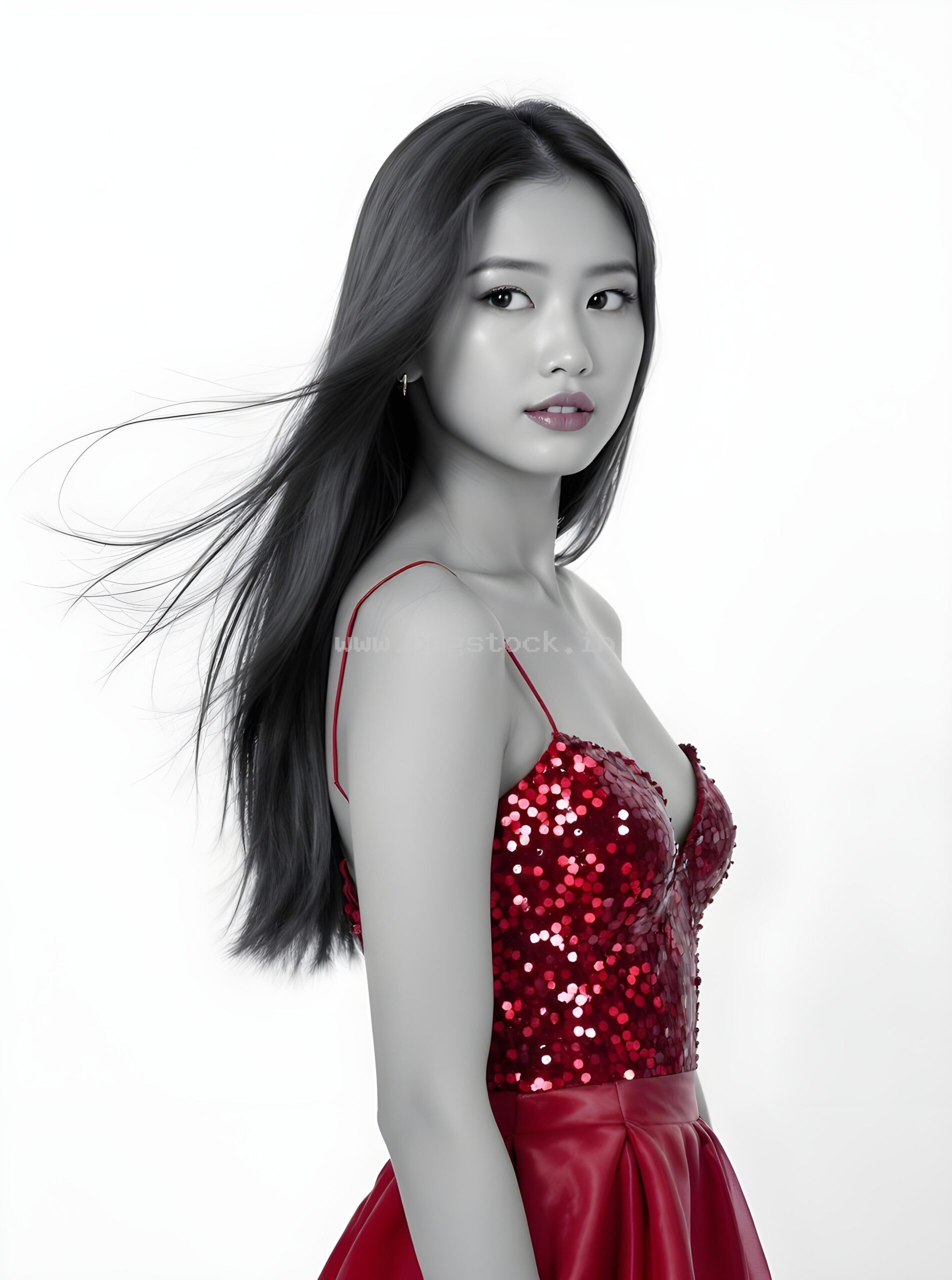 Graceful Red Dress Fashion Model Portrait on White Free Image Download